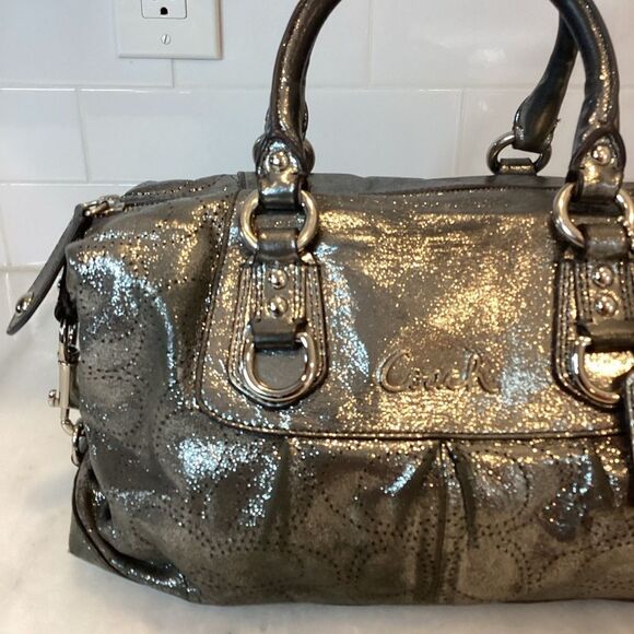 Coach Ashley Perforated Metallic Silver Leather Satchel Handbag RARE - Picture 4 of 15
